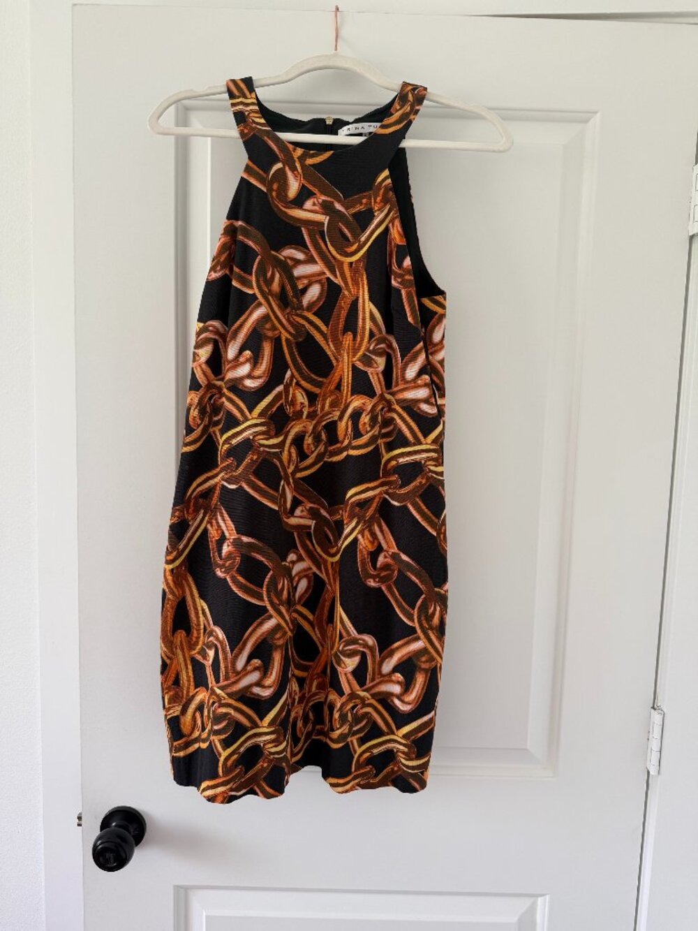 Trina Turk Apatos 2 Black Gold Chain Print Halter Mini Dress Size 6